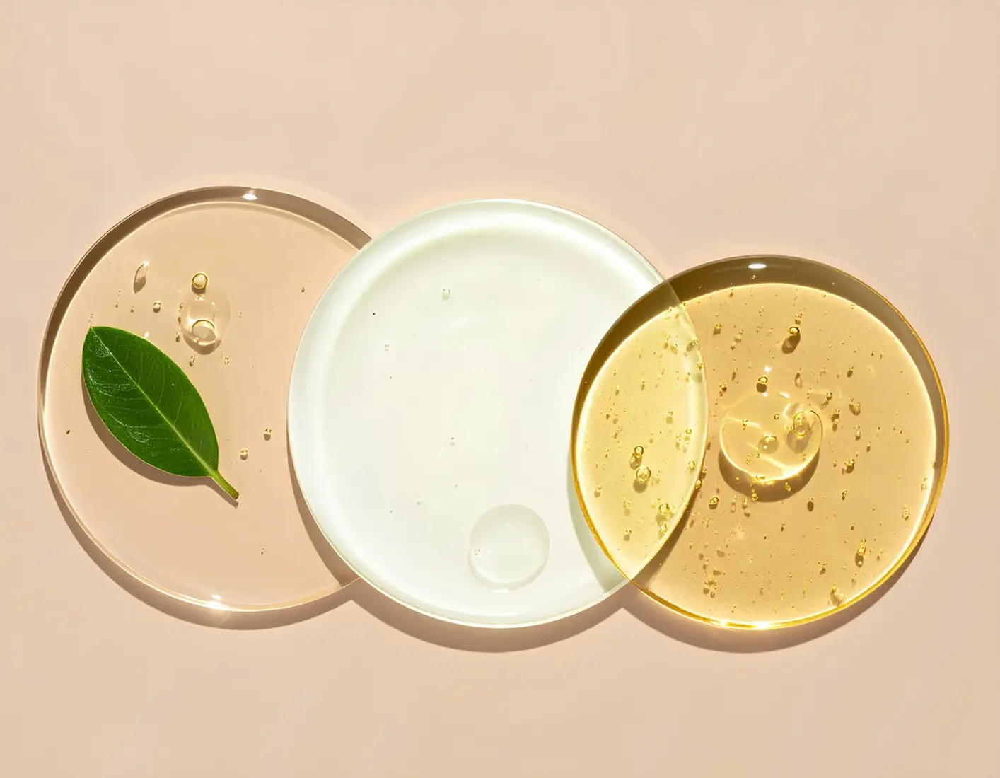 Three round swatches of skincare gel and cream on a blush background