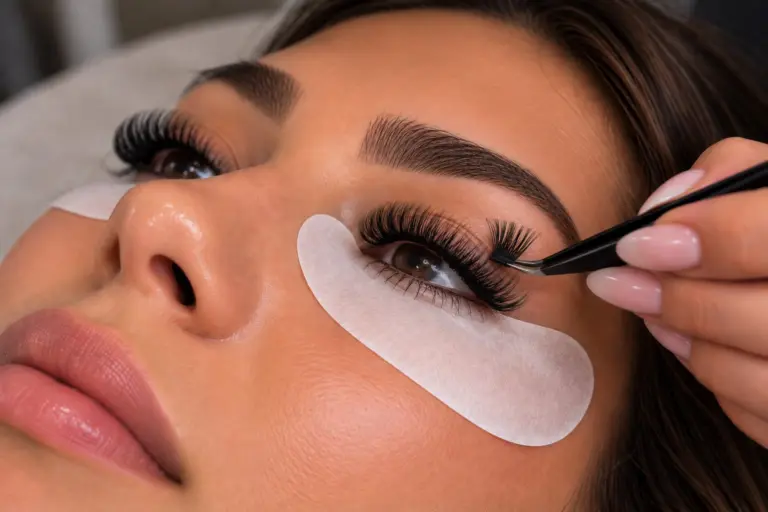 Lash clusters being placed with tweezers, an under-eye pad protecting the skin